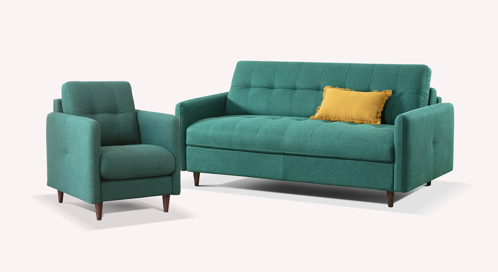 Lot canapé et fauteuil SOHO en tissu vert pétrole avec un coussin déco jaune, style moderne et confortable, idéal pour un canapé convertible au design élégant.