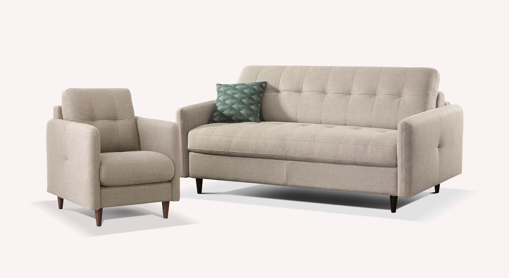 Lot canapé et fauteuil SOHO Austin Silver en tissu gris clair avec design moderne et confortable, idéal pour un séjour élégant et chaleureux.