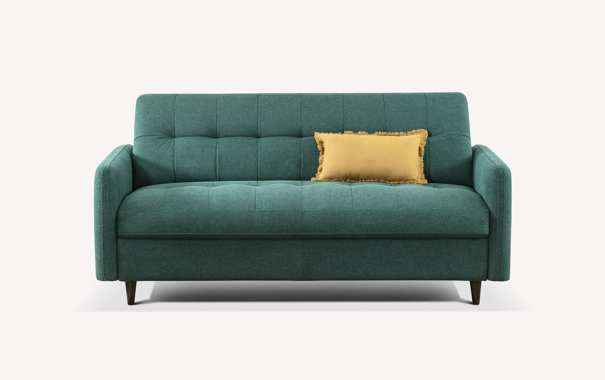 Lot canapé et fauteuil SOHO en tissu vert pétrole avec coussin jaune, design moderne et confortable, idéal comme canapé convertible pour couchage quotidien.