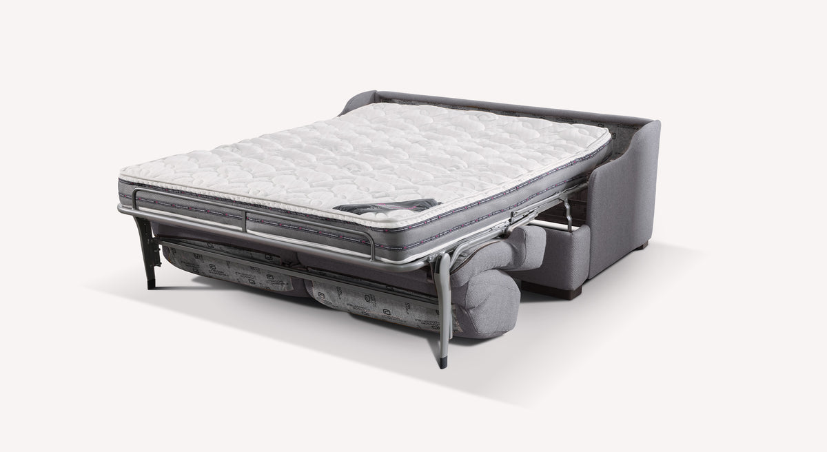 Canapé convertible en tissu Bentley, modèle Terra, avec matelas déplié, structure métallique visible
