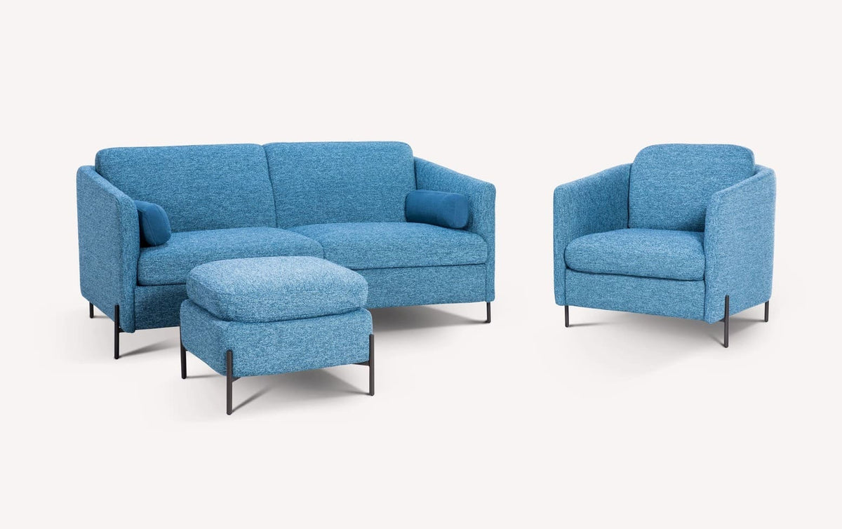 Lot canapé fauteuil et pouf LAPP Shock Denim en tissu bleu denim avec design moderne, idéal pour un salon confortable et élégant.