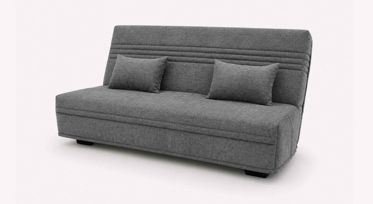 Canapé convertible gris en tissu avec deux coussins assortis, modèle LEON Misterio Poivre, idéal pour un couchage quotidien confortable.