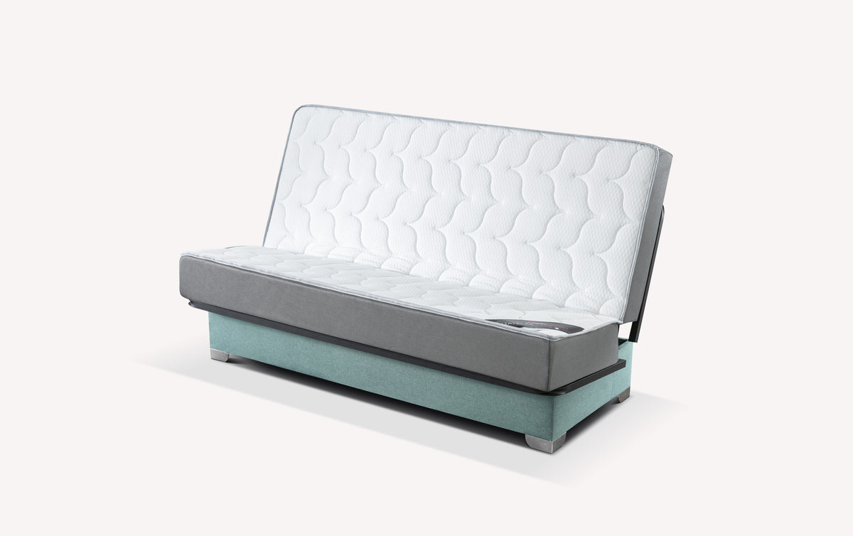Canapé convertible Clic-Clac Lucien en tissu bleu lagon avec matelas blanc texturé