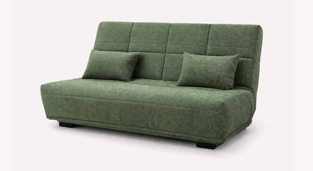 Canapé convertible clic-clac MARIUS Aragon Kaki en tissu kaki avec deux coussins assortis, design moderne et confortable adapté au couchage quotidien.