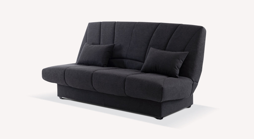 Canapé convertible clic-clac noir moderne avec deux coussins d’appoint, design épuré et confortable, modèle MONTRÉAL Austin Noir adapté pour couchage quotidien.