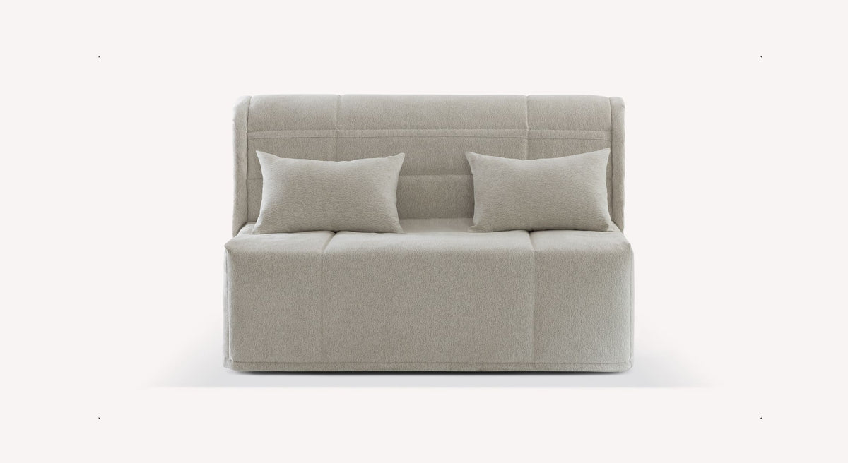 Banquette BZ Toronto en tissu grège avec deux coussins assortis, design moderne et épuré