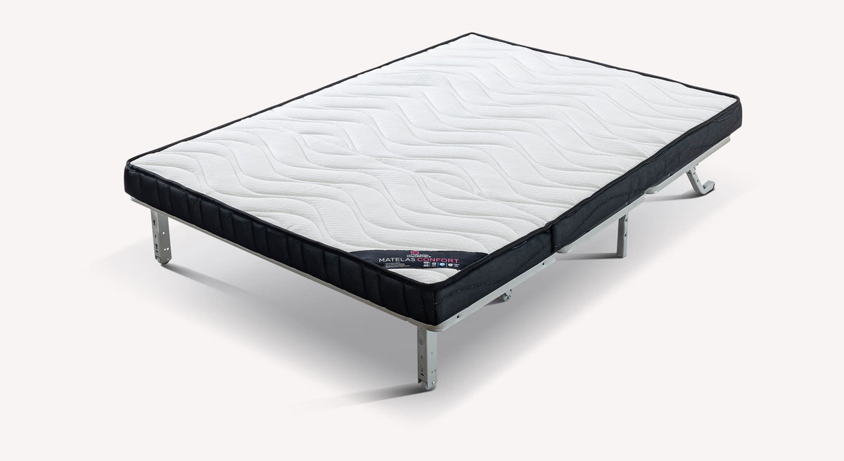 Banquette BZ Toronto en tissu grège, matelas confort déplié sur structure métallique