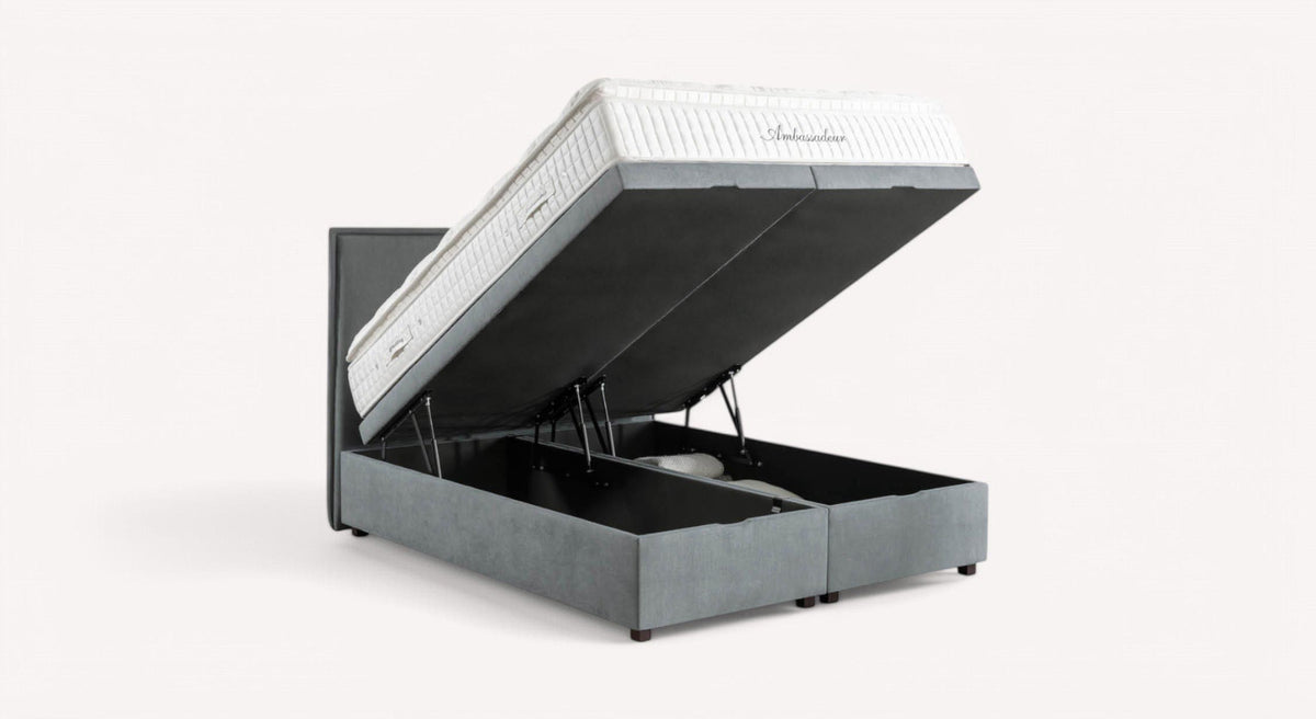 Lit coffre Ouessant Mine Niagara LMC 5 avec matelas relevé, montrant l'espace de rangement intégré