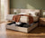 Lit coffre OUESSANT Luca Beige avec rangement ouvert, matelas confortable, décor moderne et ambiance lumineuse dans une chambre élégante.