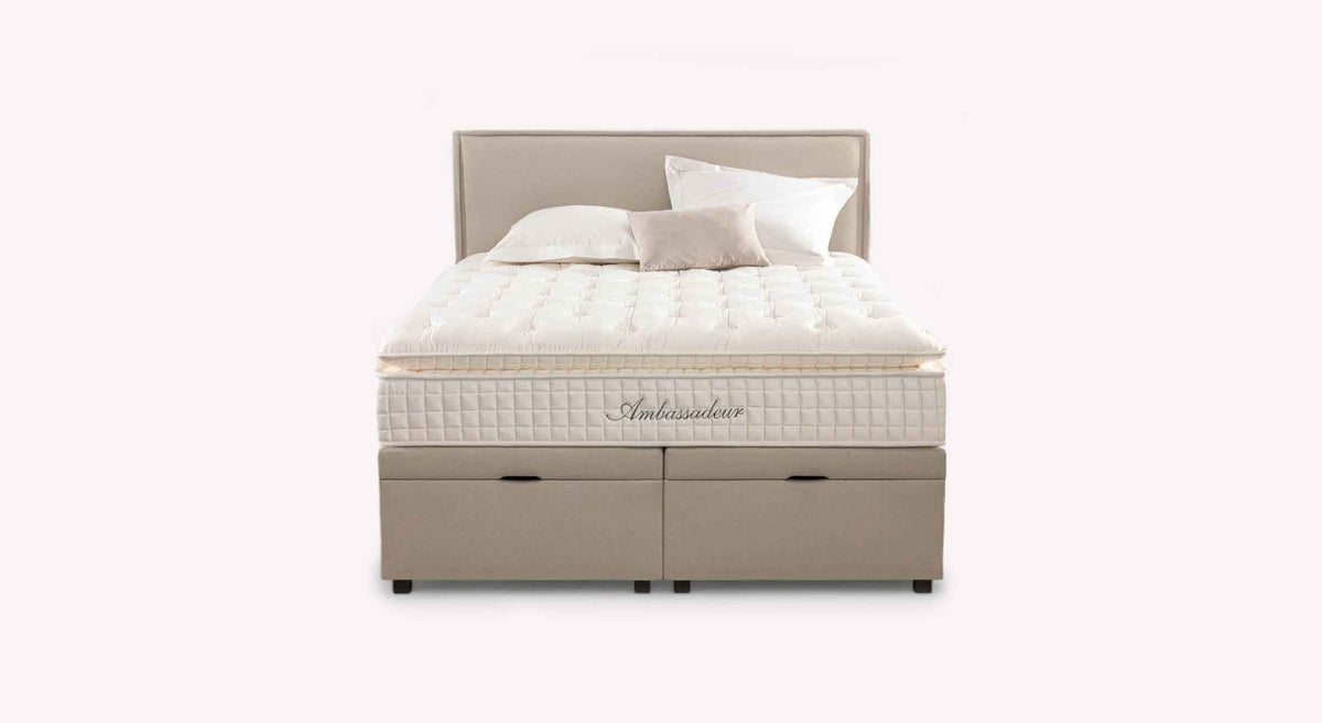 Lit coffre OUESSANT Luca Beige avec matelas épais et sommier de rangement intégré, design sobre et élégant idéal pour un couchage quotidien confortable.