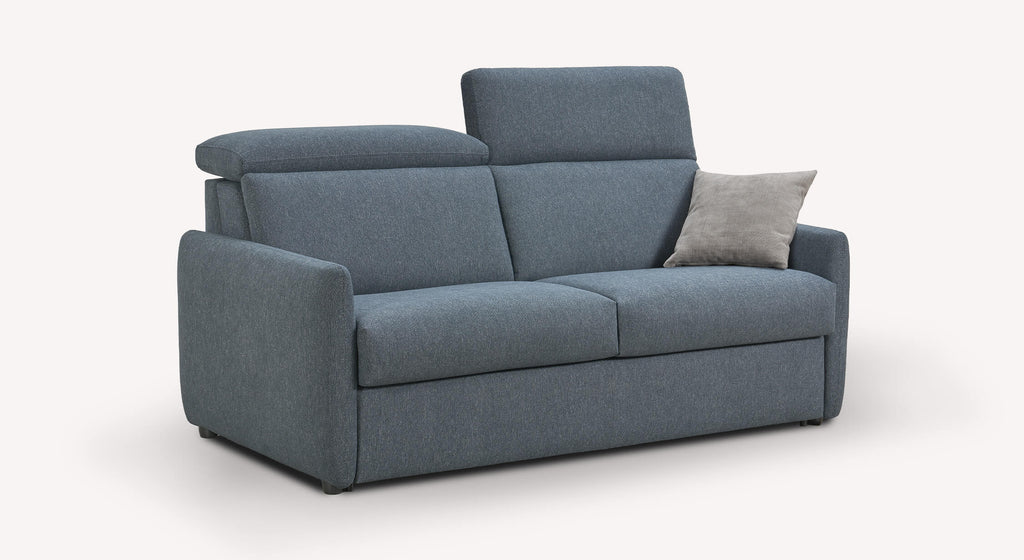 Canapé convertible Bruce Gemma Storm bleu avec coussin gris, accoudoirs rembourrés et appuie-tête réglable