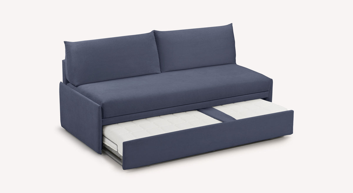Canapé-lit bleu en tissu Gaia avec matelas tiroir visible, modèle Teatro Ocean