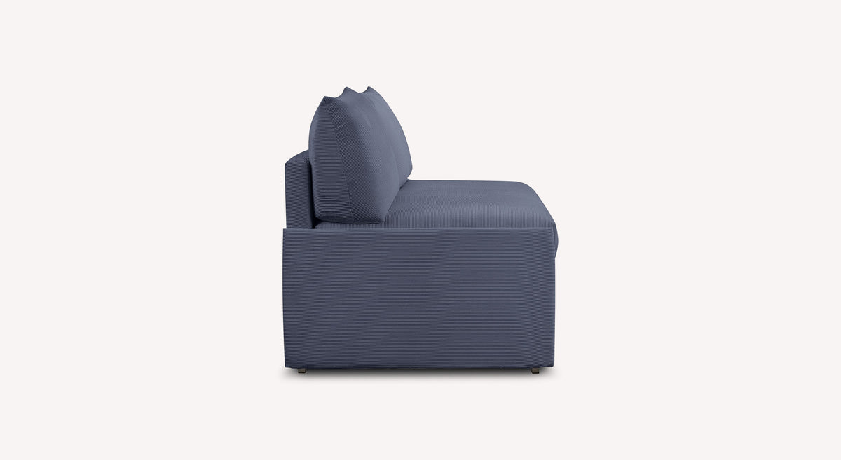 Canapé bleu en tissu Teatro Ocean, vue latérale, design moderne et épuré, modèle Gaia
