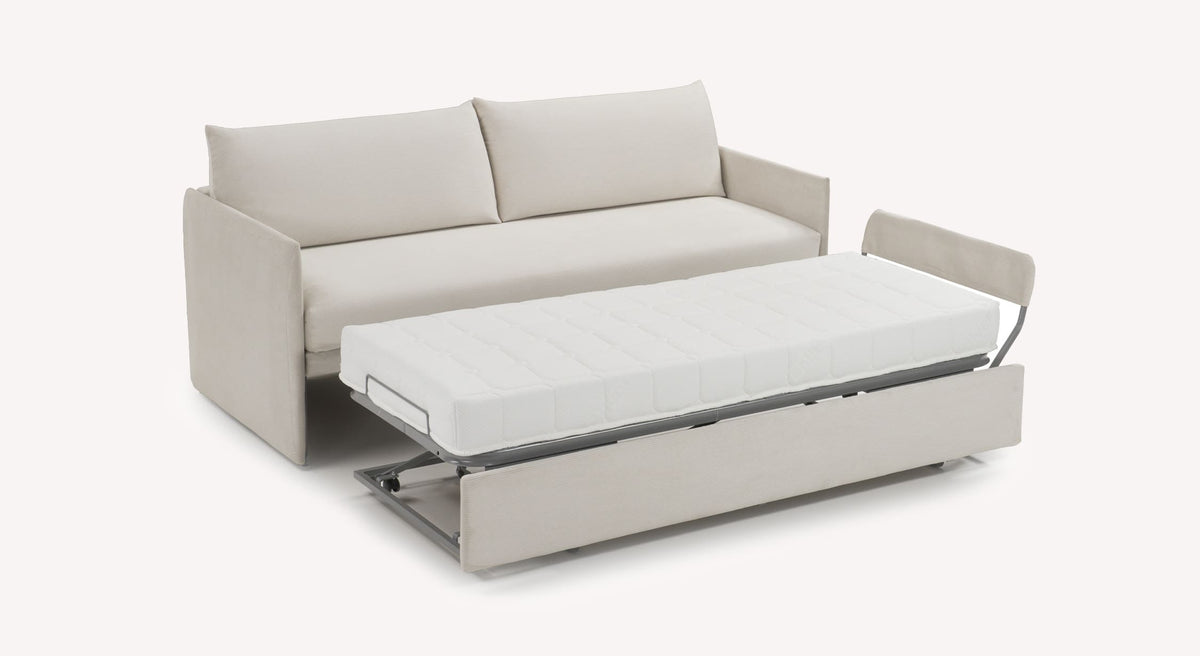 Canapé-lit Gaia en tissu Teatro Sand, avec matelas déplié