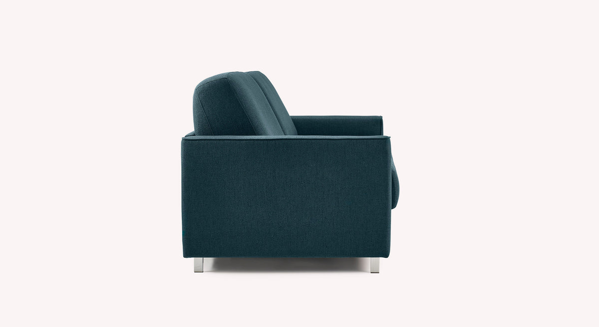 Canapé convertible Jimmy en tissu bleu foncé, vue de côté, avec pieds en métal