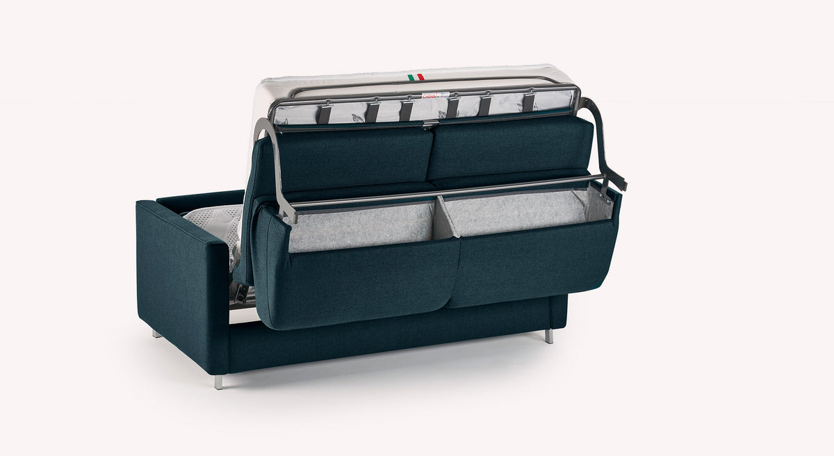 Canapé convertible Jimmy en tissu bleu foncé, mécanisme de dépliage visible, design moderne et fonctionnel