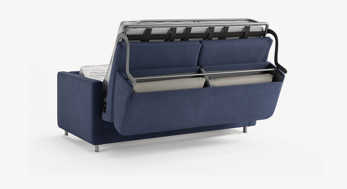 Canapé convertible bleu modèle Jimmy Innuendo, vue arrière montrant le mécanisme de dépliage du lit