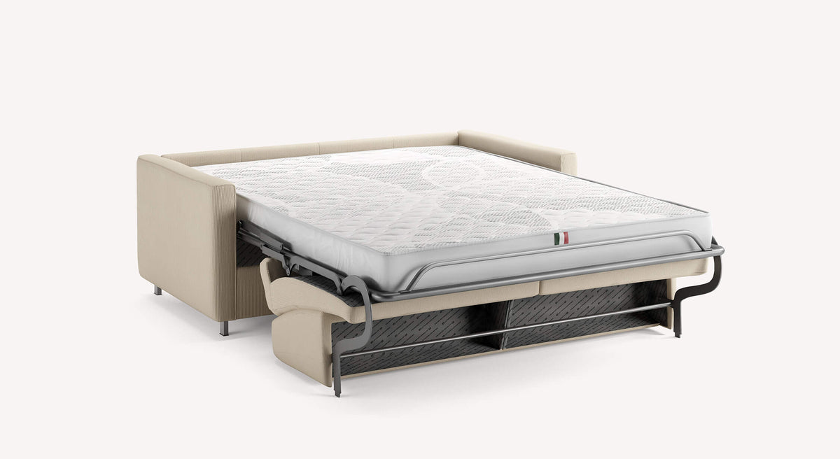 Canapé convertible beige Jimmy Teatro Sand avec matelas déplié, design moderne et fonctionnel