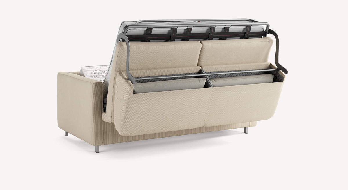 Canapé convertible beige Jimmy Teatro Sand, mécanisme de dépliage visible, accoudoirs et pieds métalliques