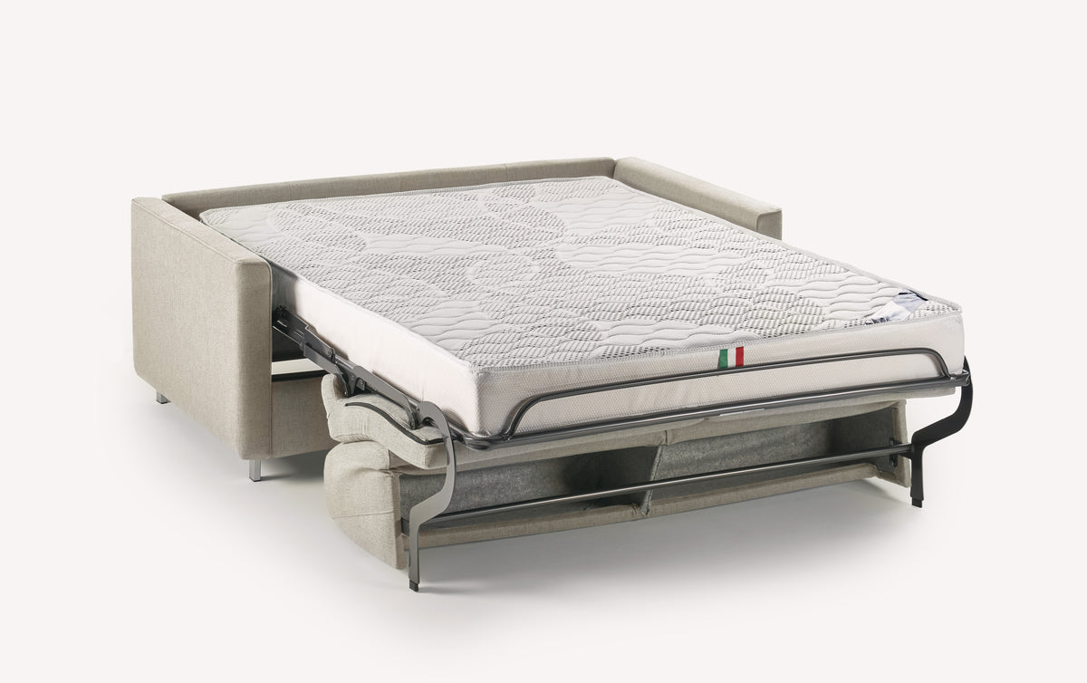 Canapé convertible JIMMY Foster Ivoire avec matelas à ressorts, offrant un couchage quotidien confortable et un design épuré en tissu clair.