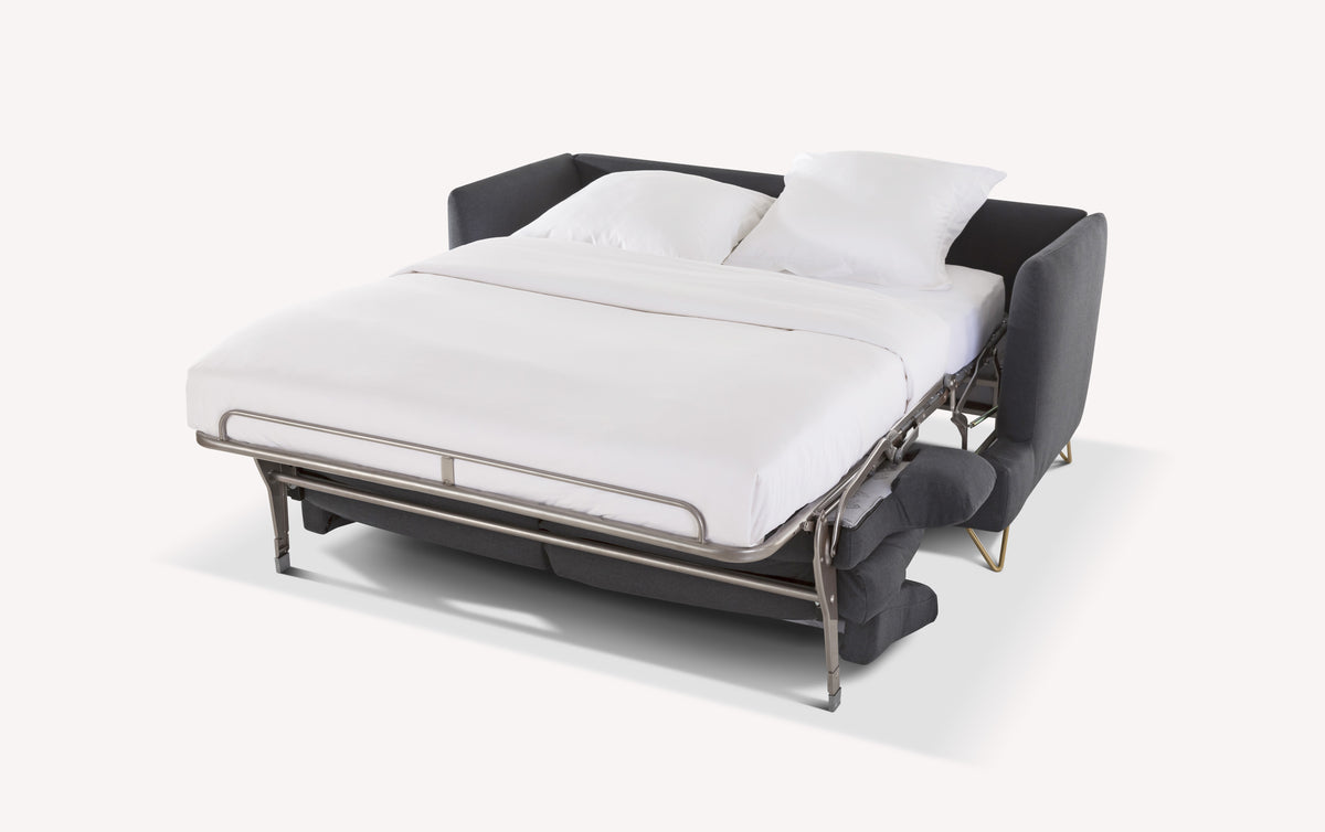 Canapé convertible King ouvert en tissu Meraviglia charbon, avec matelas et oreillers blancs
