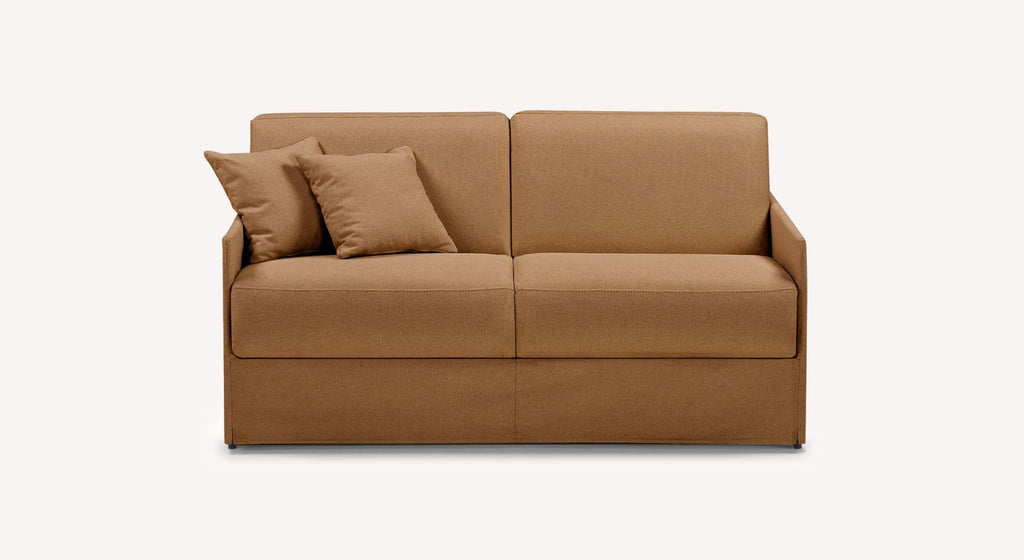 Canapé convertible en tissu couleur cuivre avec deux coussins assortis, modèle Lia