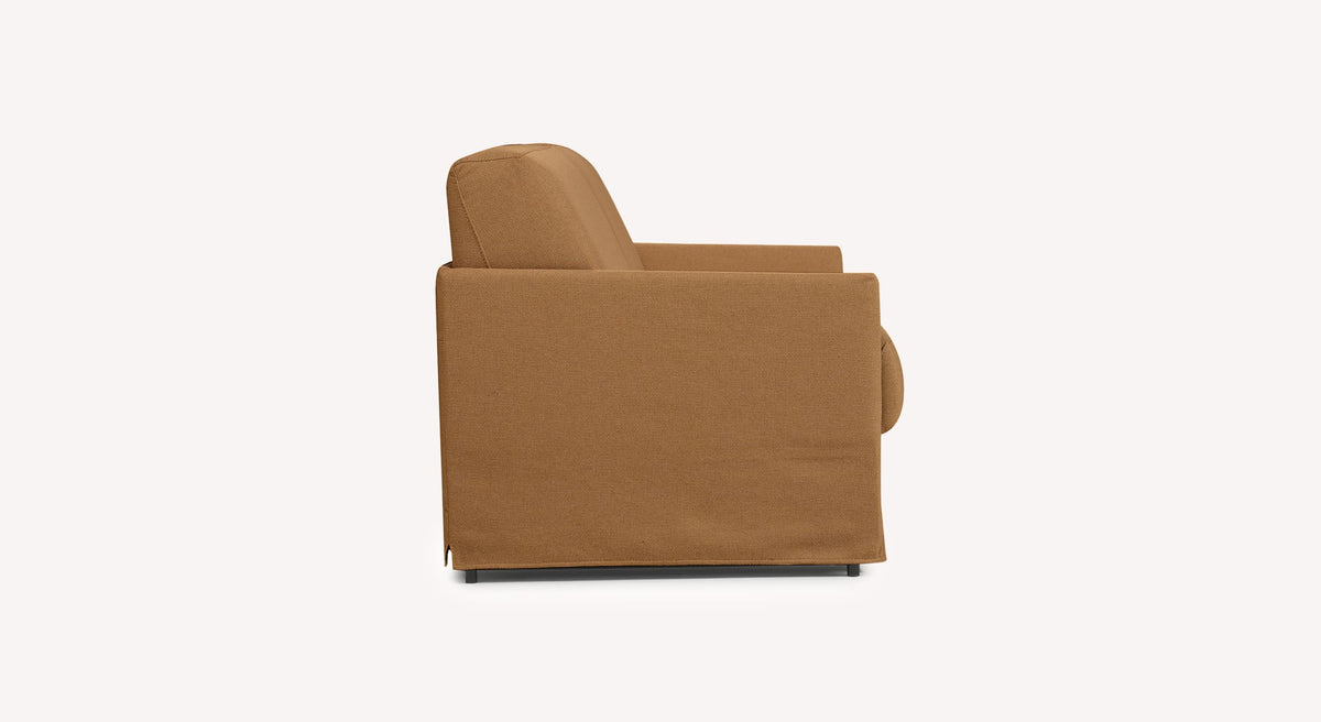 Canapé convertible en tissu couleur cuivre, vue de côté, modèle Lia