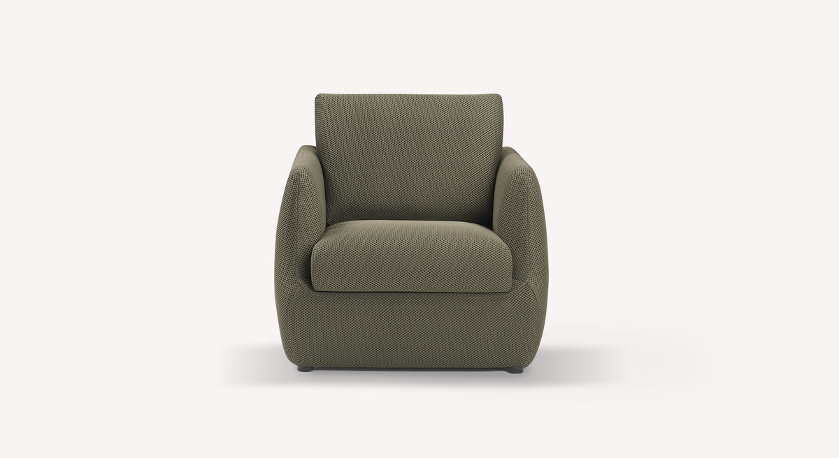 Fauteuil en tissu Vulcano kaki, design moderne avec accoudoirs arrondis, présenté de face sur fond blanc