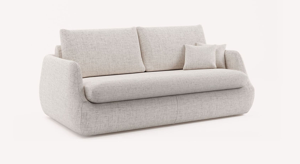 Canapé convertible LUZ Foster Silver en tissu gris clair aux lignes modernes, avec coussins d'assise et dossier confortables, idéal pour un couchage quotidien.