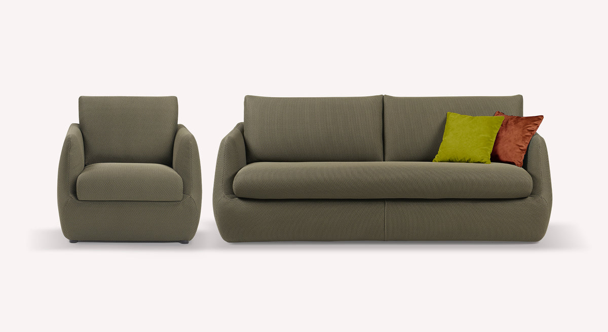 Canapé convertible et fauteuil en tissu Vulcano kaki, avec coussins verts et marron