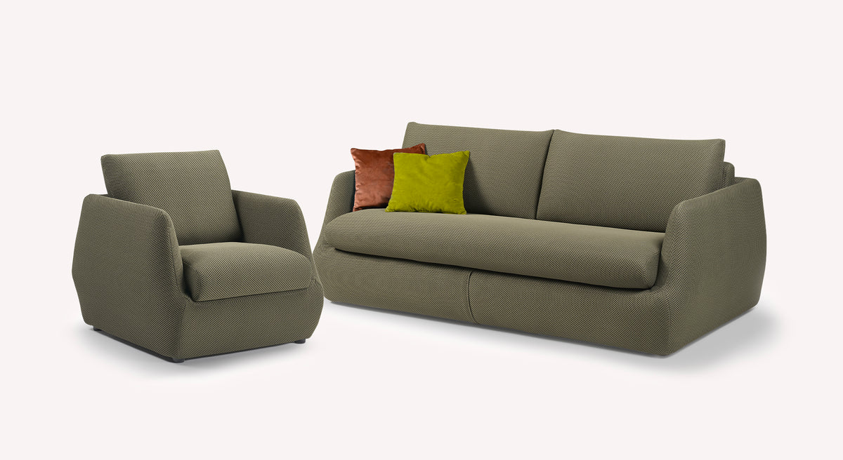 Canapé convertible et fauteuil en tissu kaki Vulcano, avec coussins marron et vert