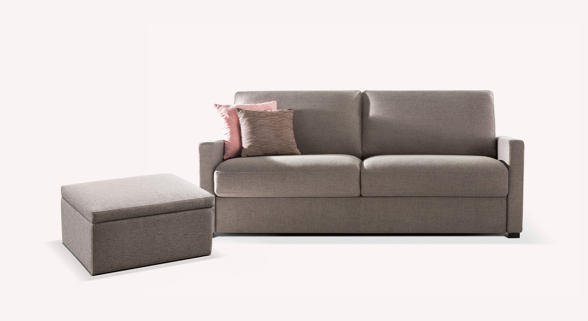 Lot canapé et pouf LYON en tissu gris, canapé convertible élégant avec un pouf assorti pour un espace de vie moderne et confortable.