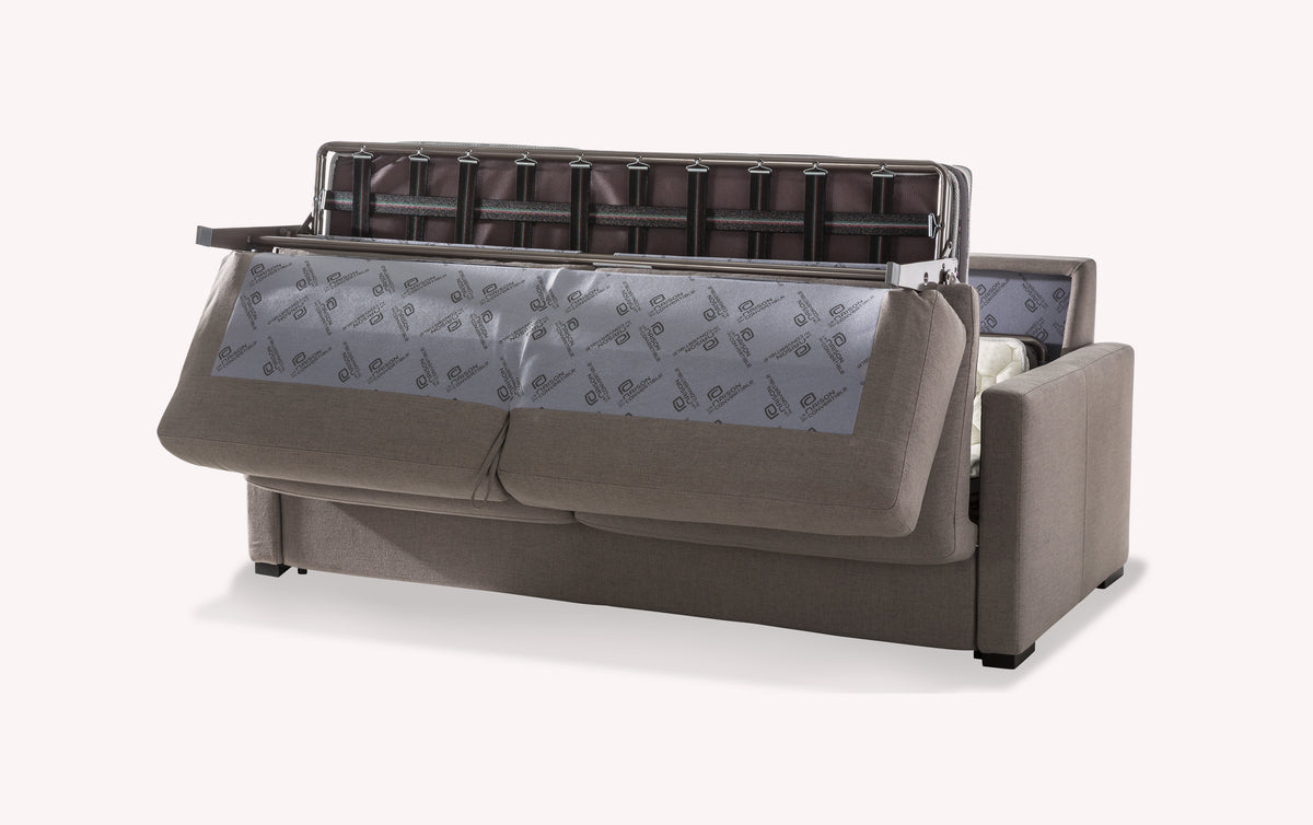Canapé convertible en tissu gris, modèle Lyon, avec mécanisme de dépliage visible