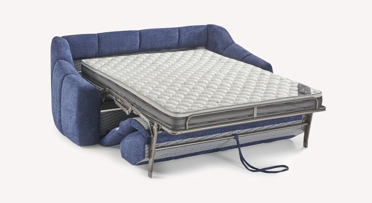 Canapé convertible Mama en tissu Sogno 702 Océan, matelas déplié, structure métallique visible