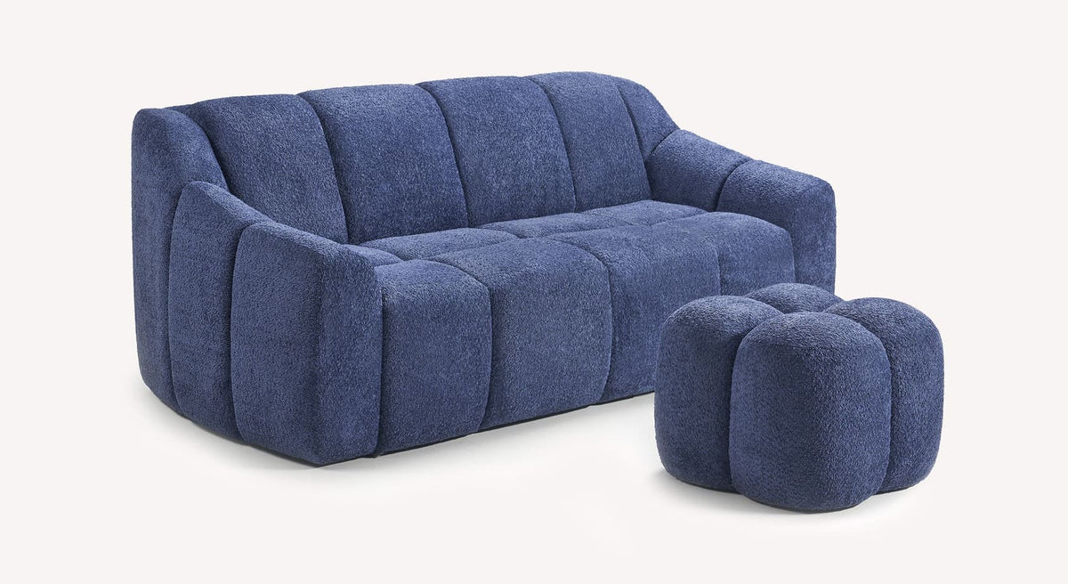 Canapé convertible en tissu bleu océan Sogno 702 avec pouf assorti, design moderne et capitonné
