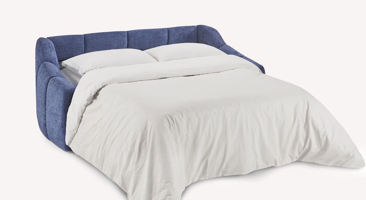 Canapé convertible ouvert en tissu bleu Sogno 702 Océan, modèle Mama 20, avec literie blanche