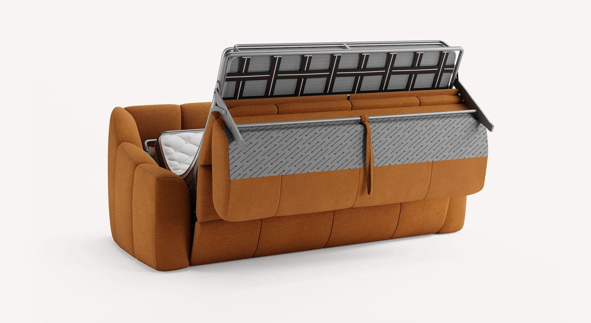 Canapé convertible MAMA Innuendo Cuivre en tissu cuivre, modulable avec rangement intégré sous l’assise pour un couchage quotidien confortable.