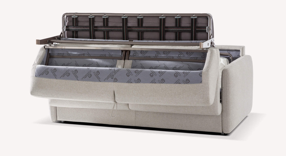 Canapé convertible New Azura en tissu perle, mécanisme ouvert, vue arrière