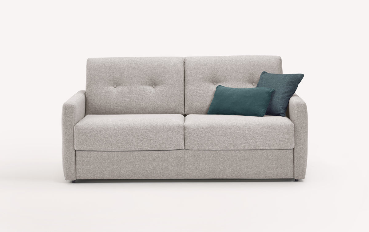 Canapé convertible en tissu gris clair, modèle Ned Denver naturel, avec deux coussins verts