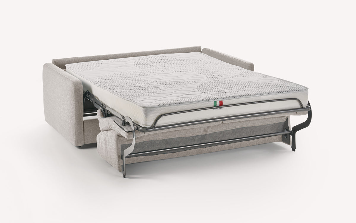 Canapé convertible en tissu naturel Denver, déplié avec matelas visible