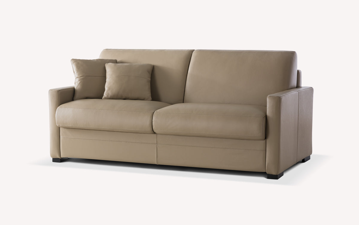 Canapé convertible en cuir mastic avec coussins assortis, design moderne et élégant, modèle Notte Lux