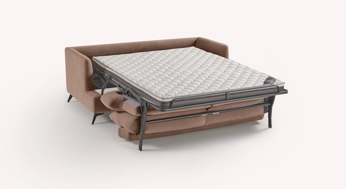 Canapé convertible en tissu vieux rose, modèle Queen, avec matelas déplié