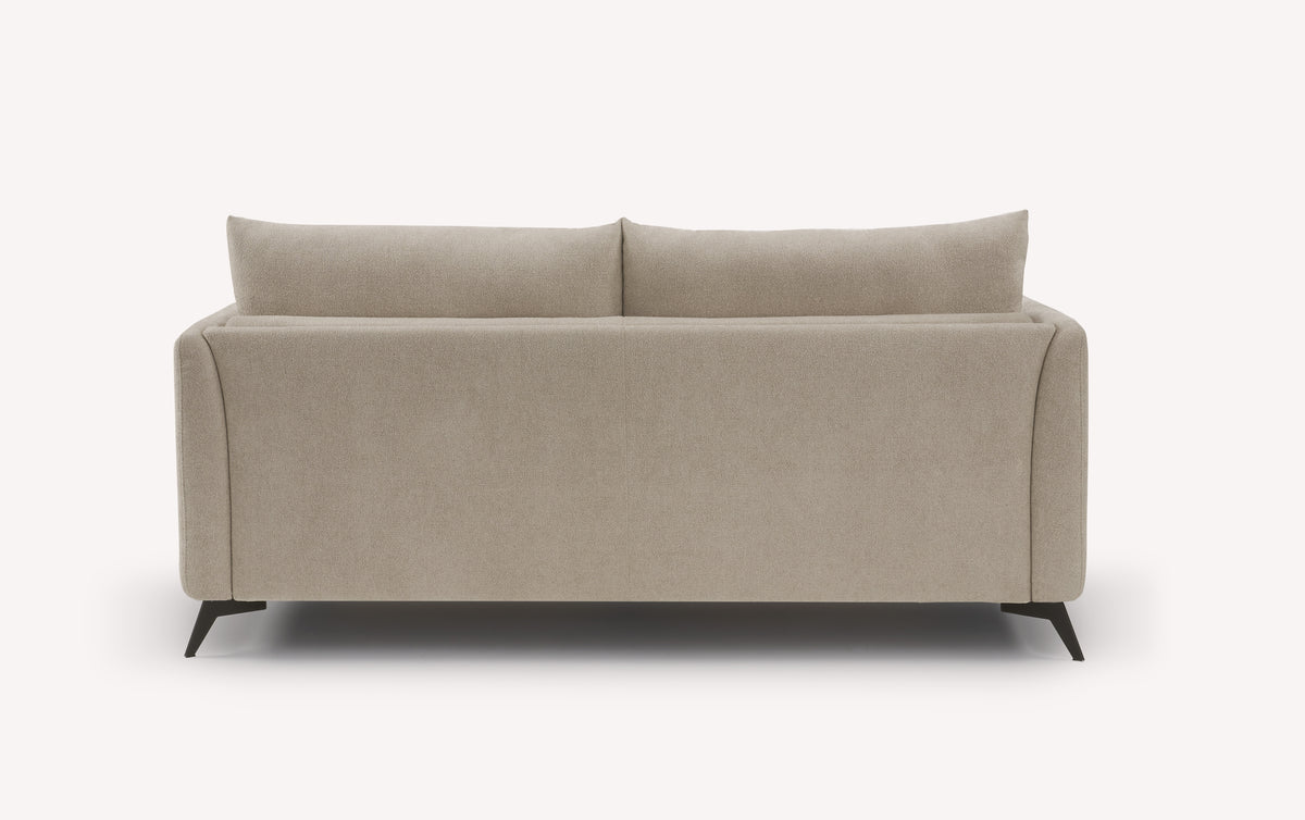 Canapé convertible Queen en tissu Innuendo beige, vue arrière, avec pieds noirs