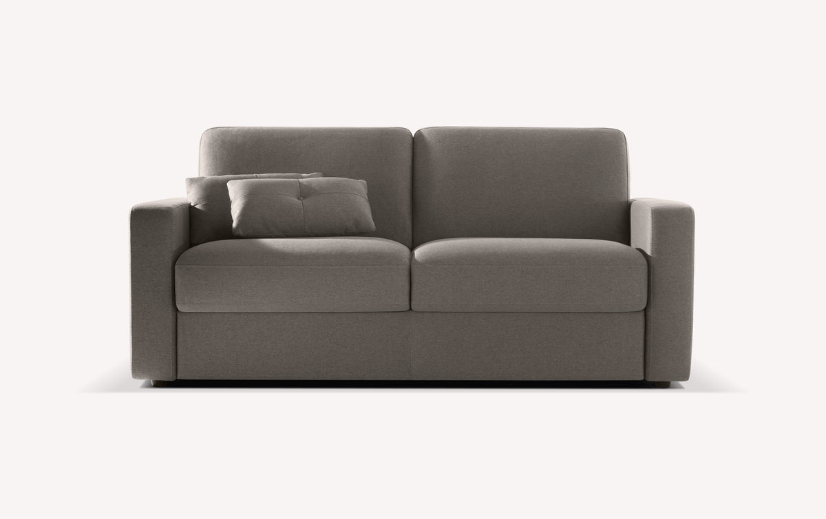 Canapé convertible en tissu gris Luna Brume, modèle Will, avec coussin assorti