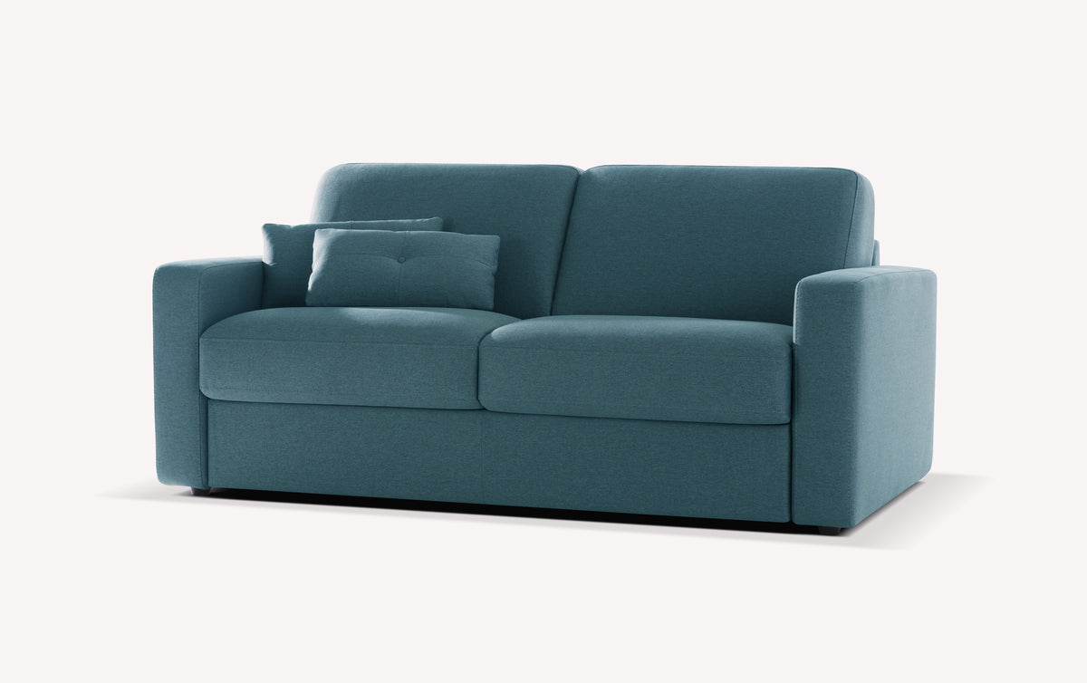 Canapé convertible en tissu bleu lagon, modèle Will, avec coussins assortis