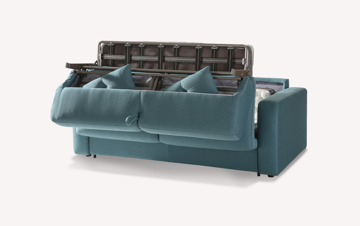 Canapé convertible en tissu couleur lagon, modèle Will, avec mécanisme de dépliage visible