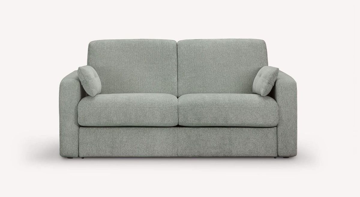 Canapé convertible BZ gris clair en tissu avec coussins assortis, design moderne et confortable, modèle WILL Misterio Silver idéal pour couchage quotidien.
