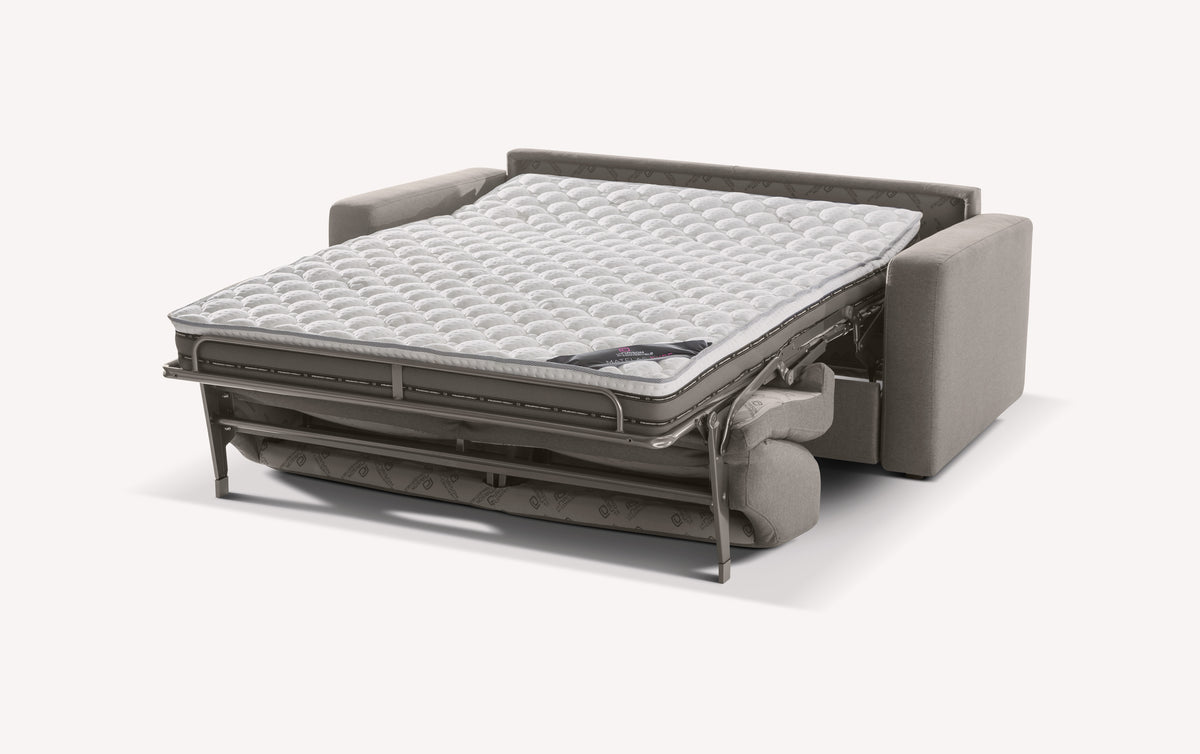 Canapé convertible Will en tissu Luna Brume, matelas déplié avec motif capitonné