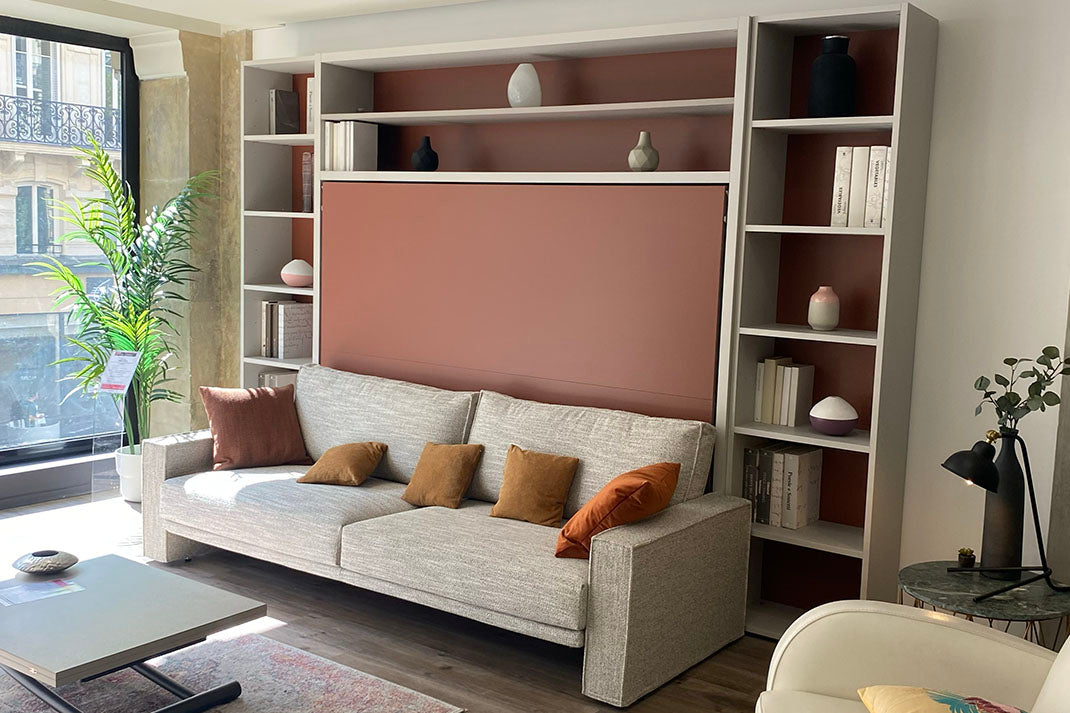 Armoire-lit intégrée dans une bibliothèque, avec un canapé gris et des coussins colorés, dans un salon moderne et lumineux