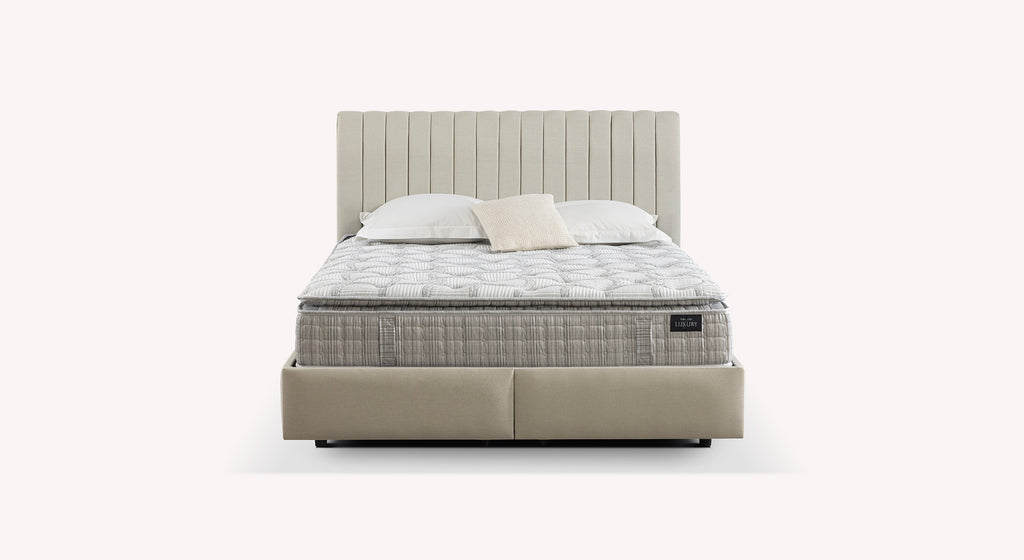 Lit coffre avec tête de lit AMSTERDAM Zeugma Beige, élégant et pratique, offrant un grand espace de rangement et un design moderne pour un confort optimal.